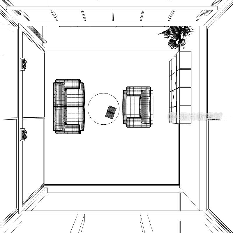 室内设计现代客厅黑线白色背景，矢量插图。客厅内部线框。线条式家具:沙发、书架、电视架、花盆。上面的视图。3 d